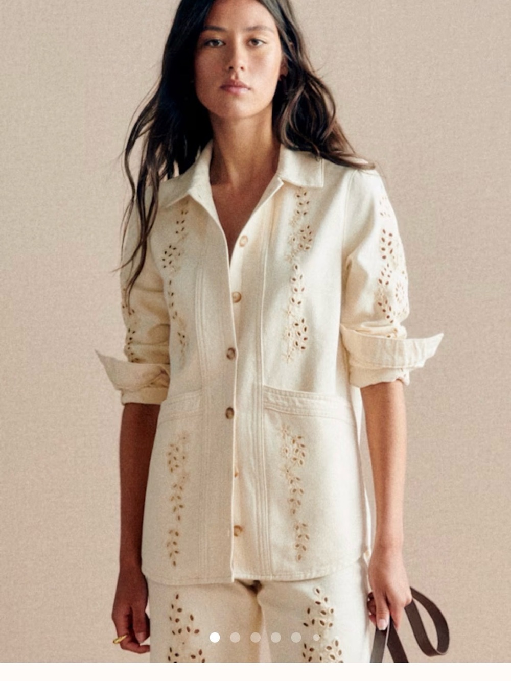 Sezane Wells Jacket Cream Eyelet Button-Front Jean Jacket
